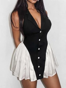 SHEIN BamGlam Ini adalah jaket tanpa lengan gaya musim gugur-musim dingin terbaru untuk wanita, dipadukan dengan gaun rok payung berwarna senada. Tampilannya elegan untuk pemakaian sehari-hari. - Hitam dan Putih - View 2