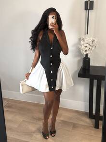 SHEIN BamGlam Ini adalah jaket tanpa lengan gaya musim gugur-musim dingin terbaru untuk wanita, dipadukan dengan gaun rok payung berwarna senada. Tampilannya elegan untuk pemakaian sehari-hari. - Hitam dan Putih - View 4