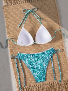 Swim Vcay 两件套夏季新款纹理随机印花挂脖比基尼套装，饰有花卉滚边，性感优雅的泳装，适合海滩、泳池、派对穿着 - 彩色 - 查看 4