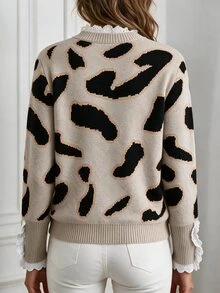 Omancia Leopard Pattern Contrast Frill Trim Sweater - Multicolor - View 2