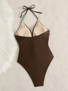 Bonvoyette Ladies Beach Pearl Brown Deep V-Neck Drawstring One-Piece One-Piece One-Piece Swimsuit For Women - Brown - View 2