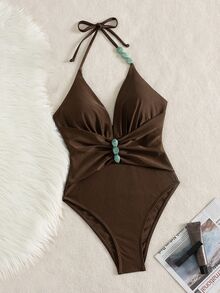Bonvoyette Ladies Beach Pearl Brown Deep V-Neck Drawstring One-Piece One-Piece One-Piece Swimsuit For Women - Brown - View 6