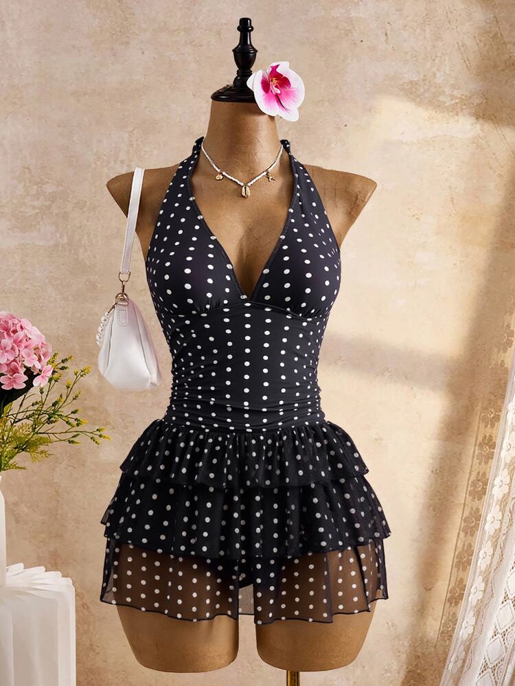 Bellisia Stylish Halter Neck Polka Dot Swim Dress For Women White With Black Polka Dots Geometric Pattern Sleeveless Tiered Short Beach Summer Cute - Black and White - View 4