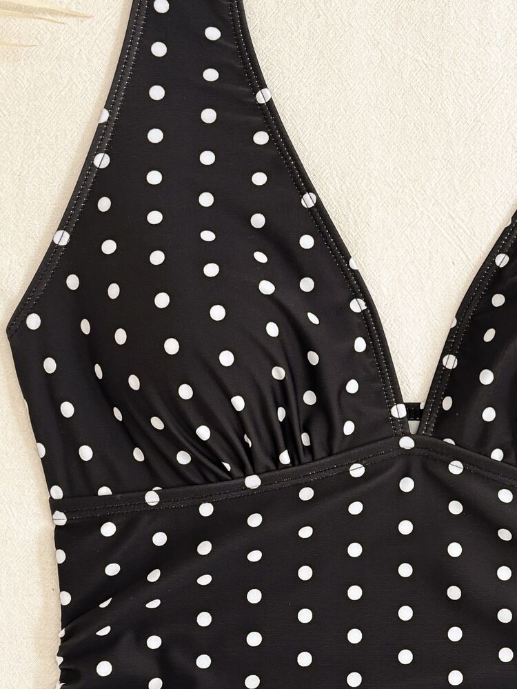 Bellisia Stylish Halter Neck Polka Dot Swim Dress For Women White With Black Polka Dots Geometric Pattern Sleeveless Tiered Short Beach Summer Cute - Black and White - View 8