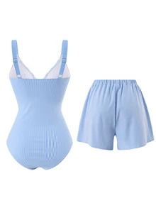 Swim Oasis 2026新款春夏女士两件式泳衣带裙，特殊面料沙滩度假优雅休闲泳装套装 - 藍色 - 查看 2