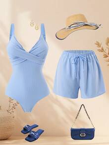 Swim Oasis 2026新款春夏女士两件式泳衣带裙，特殊面料沙滩度假优雅休闲泳装套装 - 藍色 - 查看 1