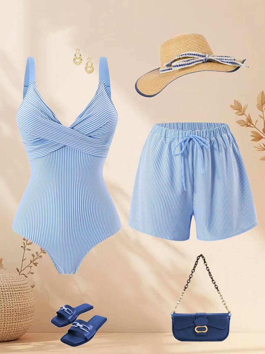 Swim Oasis 2026新款春夏女士两件式泳衣带裙,特殊面料沙滩度假优雅休闲泳装套装 - 藍色 - 查看 1