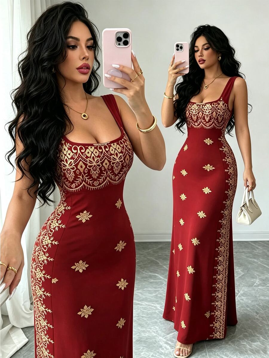 SHEIN Raffinéa فستان نسائي أحمر داكن لامع صيفي جديد، بياقة مربعة وحمالات رفيعة وظهر مكشوف وفتحة جانبية، بقصة ضيقة وخصر مرتفع، مناسب للحفلات والسهرات والزفاف - احمر خشبي - مشاهدة 1