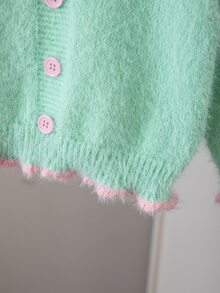 SHEIN Vintaside Kids 女童軟色塊蕾絲領針織套頭毛衣，前綁帶蝴蝶結領設計，仿貂毛，厚實寬鬆長袖上衣，甜美風，日常穿著，外套或內搭，秋冬款 - 綠色 - 查看 6