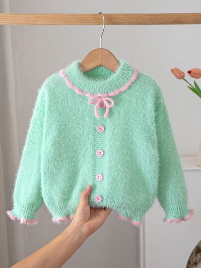 SHEIN Vintaside Kids Girls' Soft Colorblock Lace Collar Knitted Pullover Sweater, Tie-Front Bow Neck Design, Faux Mink Fur, Thick Loose Long Sleeve Top, Sweet Style, Daily Wear, Outerwear Or Layering, Autumn/Winter