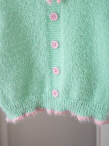 SHEIN Vintaside Kids 女童軟色塊蕾絲領針織套頭毛衣，前綁帶蝴蝶結領設計，仿貂毛，厚實寬鬆長袖上衣，甜美風，日常穿著，外套或內搭，秋冬款 - 綠色 - 查看 7