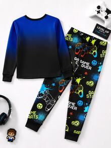 SHEIN 青少年男孩修身款遊戲機圖案 67 圖案笑臉圖案圓領標準肩長袖T恤與長褲 2件組 柔軟舒適居家睡衣套裝 - 彩色 - 查看 2