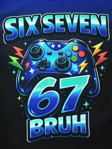 SHEIN 青少年男孩修身款遊戲機圖案 67 圖案笑臉圖案圓領標準肩長袖T恤與長褲 2件組 柔軟舒適居家睡衣套裝 - 彩色 - 查看 3