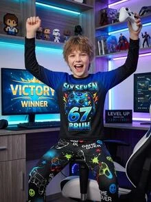 SHEIN 青少年男孩修身款遊戲機圖案 67 圖案笑臉圖案圓領標準肩長袖T恤與長褲 2件組 柔軟舒適居家睡衣套裝 - 彩色 - 查看 8