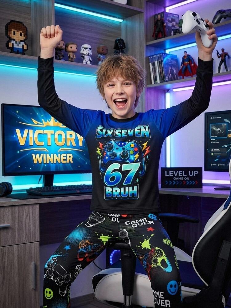 SHEIN Tween Boy Snug Fit Game Console Pattern 67 Pattern Smiling Face Pattern Crew Neck Regular Shoulder Long Sleeve T-Shirt And Long Pants Soft Comfortable Home Pajama Set 2pcs Snug Fit - Multicolor - View 8