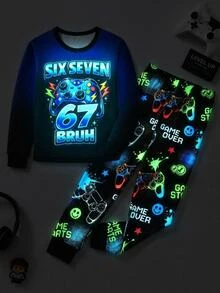 SHEIN 青少年男孩修身款遊戲機圖案 67 圖案笑臉圖案圓領標準肩長袖T恤與長褲 2件組 柔軟舒適居家睡衣套裝 - 彩色 - 查看 1