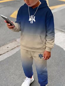 SHEIN 2pcs Kids Tween Boy Casual Daily Versatile Comfortable Gradient Print Pattern Hoodie Loose Pullover Long Sleeve Sweatshirt And Jogger Pants Knit Sweatshirt Set 2 Pieces - Black - View 2