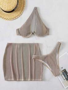 SHEIN Swim Summer Beach Rib Cut-Out Underwire Bikini With Beach Skirt - Khaki - View 6
