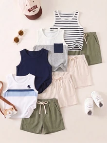 SHEIN Playful Pals Only Tops, 4pcs Round Neck Sleeveless Tank Tops, Fresh And Minimalist Style, Perfect For Summer, Straight All-Match Cut - Multicolor - View 3