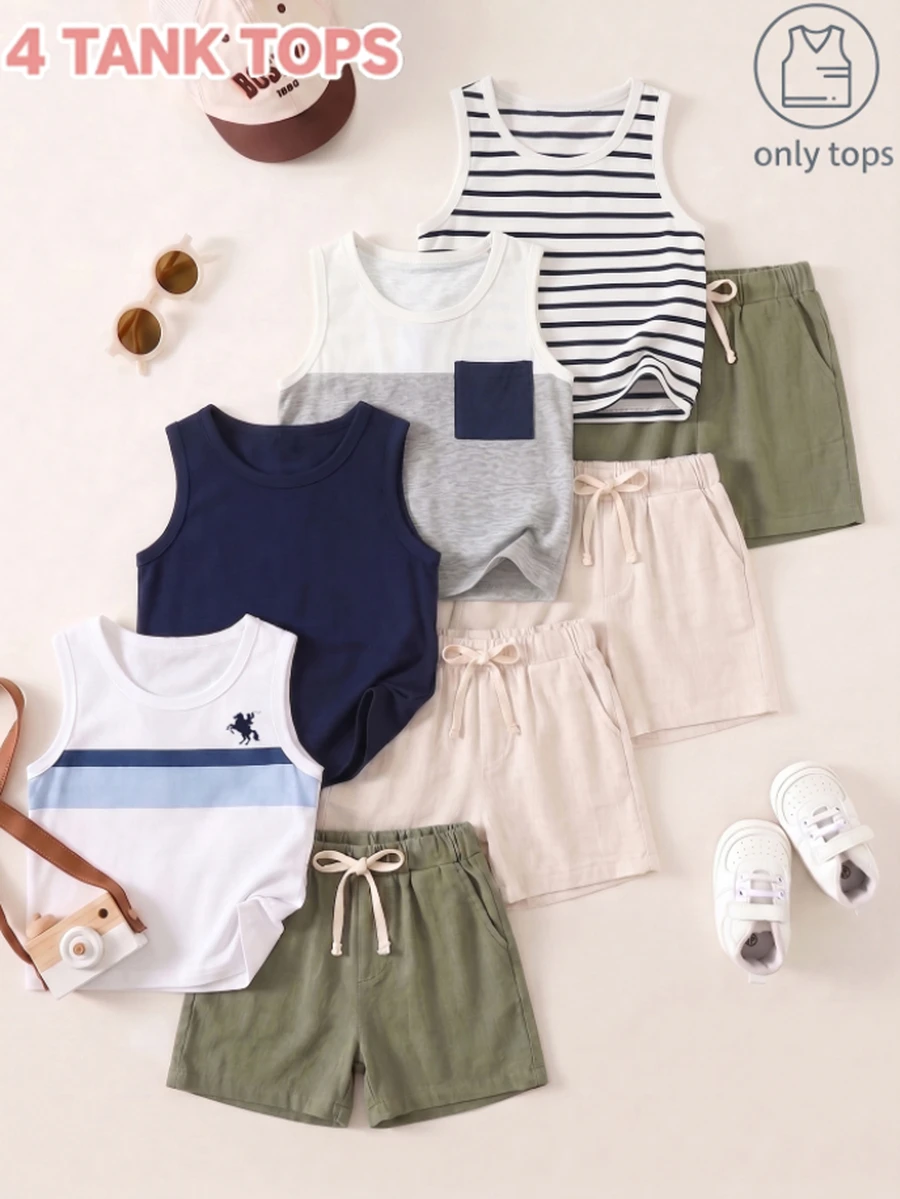 SHEIN Playful Pals Only Tops, 4pcs Round Neck Sleeveless Tank Tops, Fresh And Minimalist Style, Perfect For Summer, Straight All-Match Cut - Multicolor - View 1