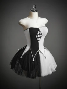Amplova 2pcs Women's Gothic Black White Checkered Tutu Ruffle Tulle Colorblock Dress Halloween Costume Set Cosplay Party - Black and White - View 9