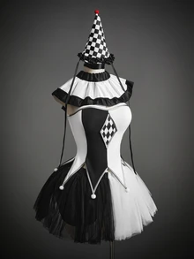 Amplova 2pcs Women's Gothic Black White Checkered Tutu Ruffle Tulle Colorblock Dress Halloween Costume Set Cosplay Party - Black and White - View 3