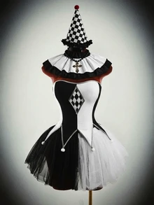 Amplova 2pcs Women's Gothic Black White Checkered Tutu Ruffle Tulle Colorblock Dress Halloween Costume Set Cosplay Party - Black and White - View 1