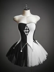 Amplova 2pcs Women's Gothic Black White Checkered Tutu Ruffle Tulle Colorblock Dress Halloween Costume Set Cosplay Party - Black and White - View 10