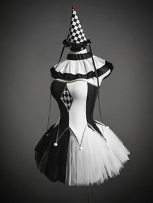 Amplova 2pcs Women's Gothic Black White Checkered Tutu Ruffle Tulle Colorblock Dress Halloween Costume Set Cosplay Party - Black and White - View 4