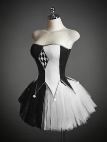 Amplova 2pcs Women's Gothic Black White Checkered Tutu Ruffle Tulle Colorblock Dress Halloween Costume Set Cosplay Party - Black and White - View 11