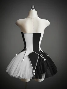 Amplova 2pcs Women's Gothic Black White Checkered Tutu Ruffle Tulle Colorblock Dress Halloween Costume Set Cosplay Party - Black and White - View 2