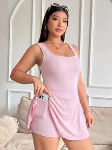 GalTyme Plus Size Women's Sleeveless Solid Color Pockets Romper - Baby Pink - View 4