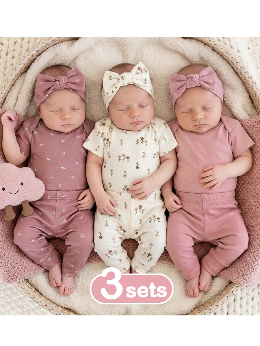 SHEIN 6pcs/Set Ditsy Floral Comfortable Breathable Short Sleeve Romper,Kids - Pink - View 1