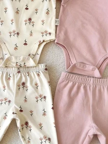 SHEIN 6pcs/Set Ditsy Floral Comfortable Breathable Short Sleeve Romper,Kids - Pink - View 3