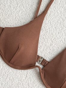 Swim Basics 三件套：纯色钢圈比基尼上衣和打结裙式泳衣 - 棕色 - 查看 5