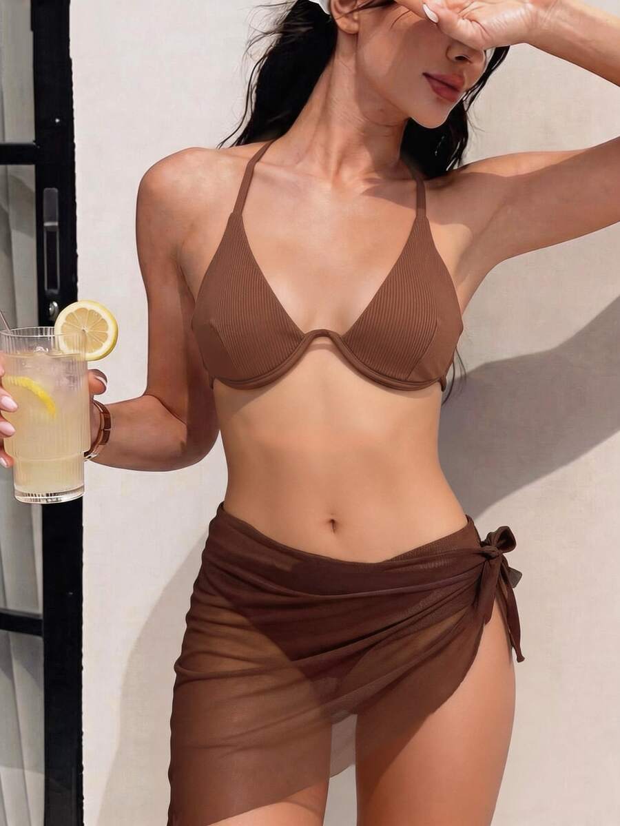 Swim Basics 3pcs Set: Solid Color Underwire Bikini Top & Knotted Skirt Swimwear - Brown - View 1