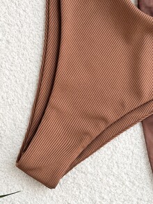 Swim Basics 三件套：纯色钢圈比基尼上衣和打结裙式泳衣 - 棕色 - 查看 6