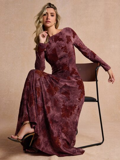 Enchnt Premium Pre-Fall Romantic Women's Elegant Purple Brown Floral Flocked Slimming Dress,Casual Dress,Work Outfits,Birthday Dress,Festival Outfits