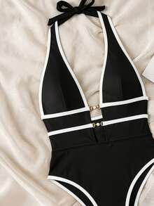 SHEIN Swim Springbreak Swim 女士性感黑色深 V 领吊带连体泳衣，节日波西米亚风，适合夏季海滩度假 - 黑與白 - 查看 3