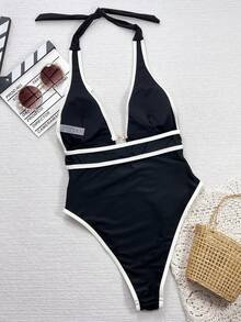 SHEIN Swim Springbreak Swim 女士性感黑色深 V 领吊带连体泳衣，节日波西米亚风，适合夏季海滩度假 - 黑與白 - 查看 5