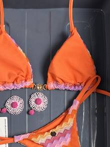 SHEIN Swim 2026春夏新款女士纹理面料金属装饰V领露背三角裹身绑带比基尼两件式泳衣 - 彩色 - 查看 5