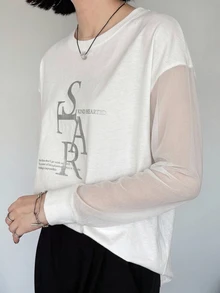 FRIFUL 女款夏季新款圓領短袖拼接透視布料銀箔字母印花寬鬆百搭T恤 - 白色 - 查看 5