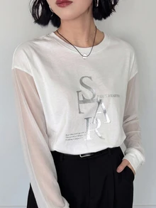 FRIFUL 女款夏季新款圓領短袖拼接透視布料銀箔字母印花寬鬆百搭T恤 - 白色 - 查看 2
