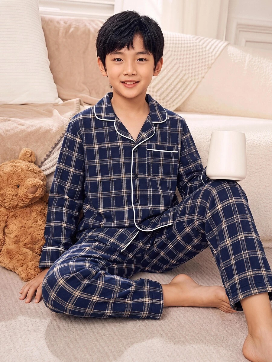 Tween Boy Kids 2pcs Autumn/Winter Casual Korean Style Navy Plaid Pajama Set, Home Wear Set, Suitable For Home Rest, Sleep And Daily Outings - Navy Blue - View 1