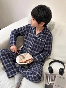 Tween Boy Kids 2pcs Autumn/Winter Casual Korean Style Navy Plaid Pajama Set, Home Wear Set, Suitable For Home Rest, Sleep And Daily Outings - Navy Blue - View 3