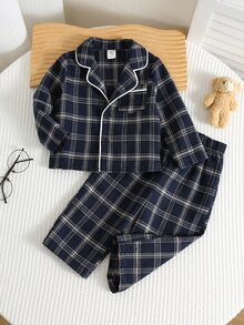 Tween Boy Kids 2pcs Autumn/Winter Casual Korean Style Navy Plaid Pajama Set, Home Wear Set, Suitable For Home Rest, Sleep And Daily Outings - Navy Blue - View 2