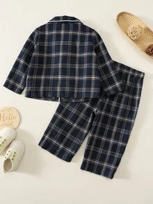 Tween Boy Kids 2pcs Autumn/Winter Casual Korean Style Navy Plaid Pajama Set, Home Wear Set, Suitable For Home Rest, Sleep And Daily Outings - Navy Blue - View 4