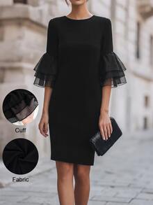 Velvienne Versatile Premium Contrast Mesh & Velvet Plus Size Dress Fall - Black - View 1