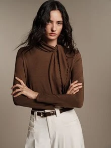 Anewsta Essential Atasan Dalaman Wanita Elegan Romantis Warna Cokelat Tua dari Wol dengan Tali Pengikat untuk Musim Gugur/Dingin, Cocok untuk Acara Kantor Natal - Coffee Brown - View 6