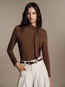 Anewsta Essential Atasan Dalaman Wanita Elegan Romantis Warna Cokelat Tua dari Wol dengan Tali Pengikat untuk Musim Gugur/Dingin, Cocok untuk Acara Kantor Natal - Coffee Brown - View 4